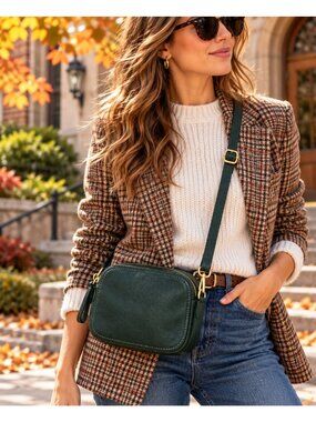 Fossil Hunter Green Pebbled Leather Camera Crossbody Bag Gold Hardware
